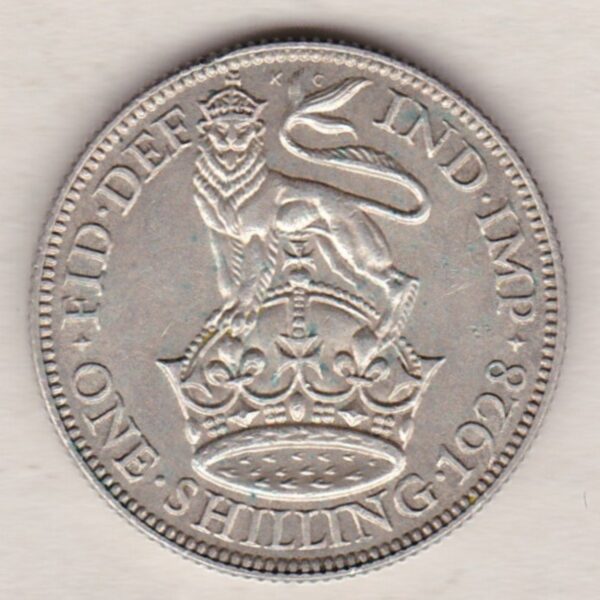 1928 Silver Shilling coin featuring King George VI on the Obverse. The Reverse features a crowned lion with date and denomination.