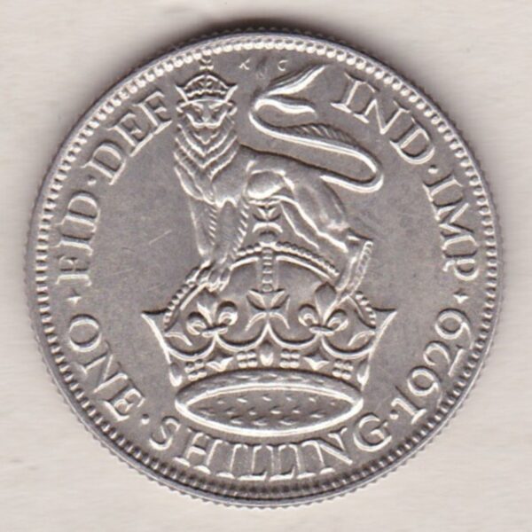 1929 Silver Shilling coin featuring King George VI on the Obverse. The Reverse features a crowned lion with date and denomination.