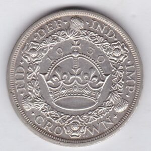 1930 Silver Crown Coin featuring King George V on the Obverse and the wreath design on the reverse. The coin is in extremely fine condition.