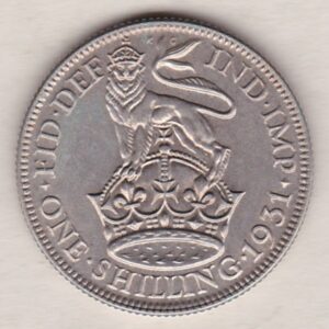 1931 Silver Shilling coin featuring King George VI on the Obverse. The Reverse features a crowned lion with date and denomination.