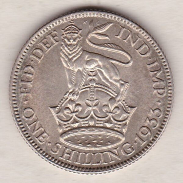 1933 Silver Shilling coin featuring King George VI on the Obverse. The Reverse features a crowned lion with date and denomination.