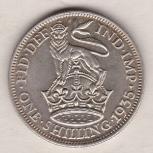 1935 Silver Shilling coin featuring King George VI on the Obverse. The Reverse features a crowned lion with date and denomination.