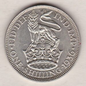 1936 Silver Shilling coin featuring King George VI on the Obverse. The Reverse features a crowned lion with date and denomination.