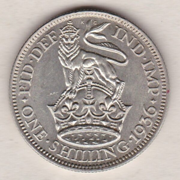 1936 Silver Shilling coin featuring King George VI on the Obverse. The Reverse features a crowned lion with date and denomination.