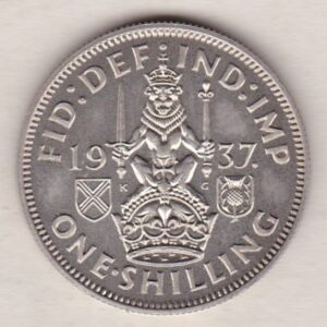 1937 Proof Scottish Silver Shilling coin featuring King George VI on the Obverse. The Reverse features a crowned lion with date and denomination.