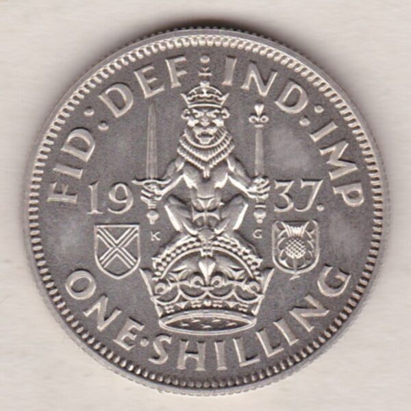 1937 Proof Scottish Silver Shilling coin featuring King George VI on the Obverse. The Reverse features a crowned lion with date and denomination.