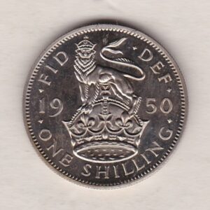 1950 proof English shilling cupro nickel coin featuring King George VI on the Obverse. The crowned English lion appears on the Reverse.