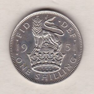 1951 proof English shilling cupro nickel coin featuring King George VI on the Obverse. The crowned English lion appears on the Reverse.