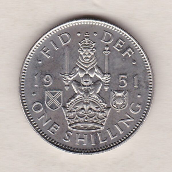 1951 proof Scottish shilling cupro nickel coin featuring King George VI on the Obverse. The crowned Scottish lion appears on the Reverse.