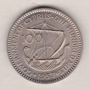 1957 Cyprus 100 Mils Coin coin. The obverse features Queen Elizabeth II. The reverse features a stylized ancient merchant ship.