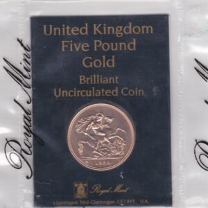 1984 Gold Five Pounds. This brilliant uncirculated issue comes sealed in the plastic cellophane packet as issued by the royal mint.