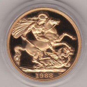 1988 Gold Two Pounds Double Sovereign coin. This coin has Queen Elizabeth II on the obverse. St George and the dragon on the reverse.