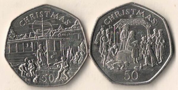 1989 & 1991 Isle Of Man Christmas Fifty Pence Coins featuring Queen Elizabeth II on the Obverse. The reverse features christmas scenes