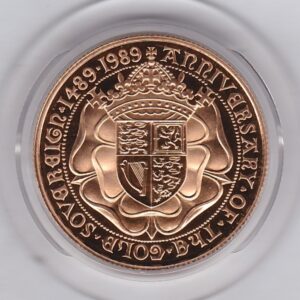 1989 Gold Proof Two Pounds Double Sovereign coin. This coin comes in the presentation box with certificate as issued by the Royal Mint.