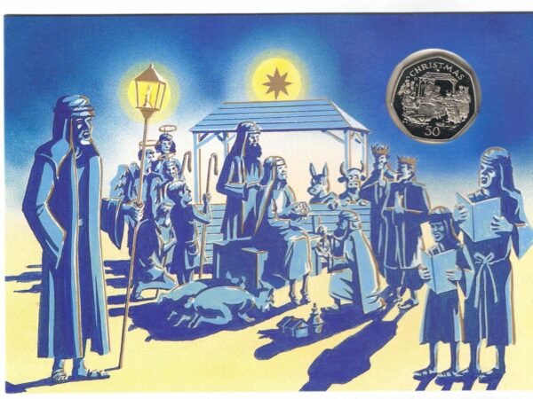 1991 Isle Of Man Christmas Fifty Pence Nativity Scene Cupro nickel coin featuring Queen Elizabeth II on the Obverse side of the coin.