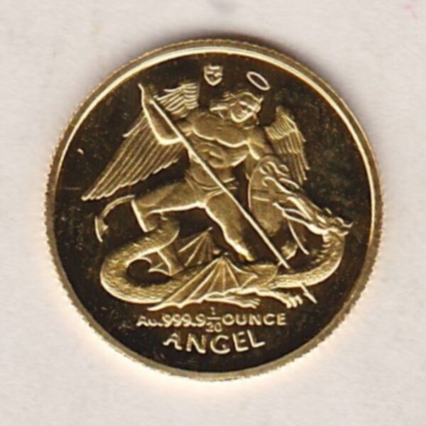 1995 Isle Of Man Gold Twentieth Ounce Angel Coin. Queen Elizabeth II facing right on the obverse. The Archangel Michael and Dragon on the reverse.