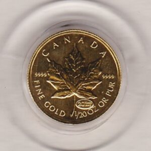 1999 Canada Gold Twentieth Ounce Maple Leaf Coin. This Gold Tewentieth Ounce Maple Leaf coin was struck in 9999 Fine Gold and weighs approx. 1.555 grams.