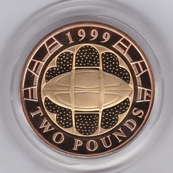 1999 Gold Proof Two Pounds Rugby coin. This coin comes in the presentation box with certificate as issued by the Royal Mint.