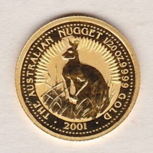 2001 Australia Gold Twentieth Ounce Coin. This Australian Nugget Gold Twentieth Ounce coin was struck in 9999 Fine Gold and weighs approx. 1.571 grams.