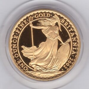 2002 Gold Proof One Ounce Britannia coin. Queen Elizabeth II obverse. The standing Britannia design on the reverse. One ounce coin.