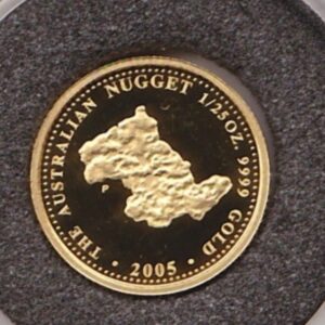 2005 Australia Gold Proof Twenty Fifth Ounce Nugget Coin. This coin comes in a the plastic coin capsule. All of our Gold coins are in stock.