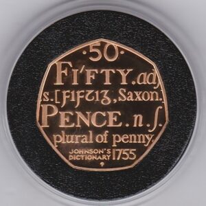 2005 Gold Proof Fifty Pence. This coin was struck to celebrate Samuel Johnson's Dictionary. The coin comes boxed with certificate.