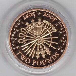 2005 Gold Proof Two Pounds Gunpowder Plot coin. This coin comes in the presentation box with certificate as issued by the Royal Mint.