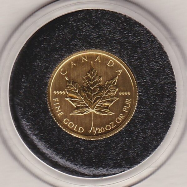 2006 Canada Gold Twentieth Ounce Maple Leaf Coin. This Gold Tewentieth Ounce Maple Leaf coin was struck in 9999 Fine Gold and weighs approx. 1.555 grams.