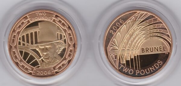 2006 Gold Proof Two Pounds Set Brunel. These two coins come in the presentation box with certificates and booklet as issued by the Royal Mint.