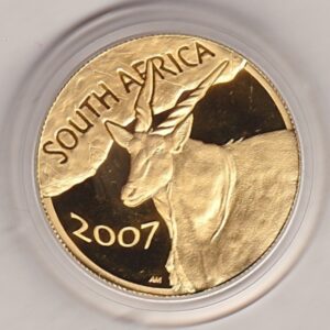 2007 South Africa Gold Proof Quarter Ounce Natura coin. Eland facing left on the obverse. The reverse depicts a mother eland and calf grazing.