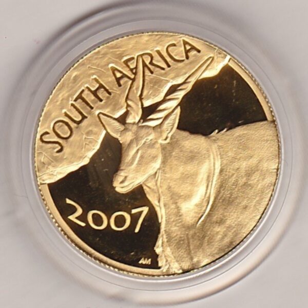 2007 South Africa Gold Proof Quarter Ounce Natura coin. Eland facing left on the obverse. The reverse depicts a mother eland and calf grazing.