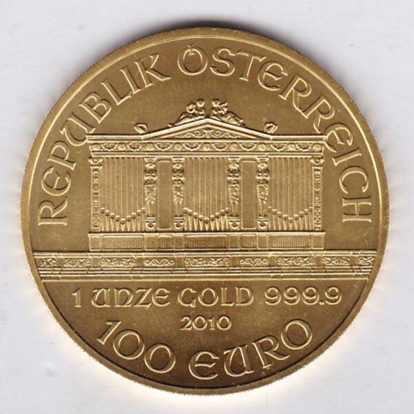 2010 Austria Gold One Ounce Philharmonic Coin. The obverse features a pipe organ in the Vienna Musikverein's Golden Hall.