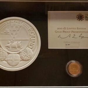 2010 Gold Proof One Pound Belfast coin. This coin comes in a wooden presentation frame with plaster mould and certificate number 0001.