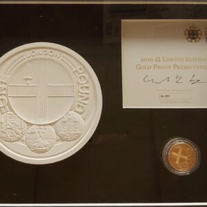 2010 Gold Proof One Pound London coin. This coin comes in a wooden presentation frame with plaster mould and certificate number 001.