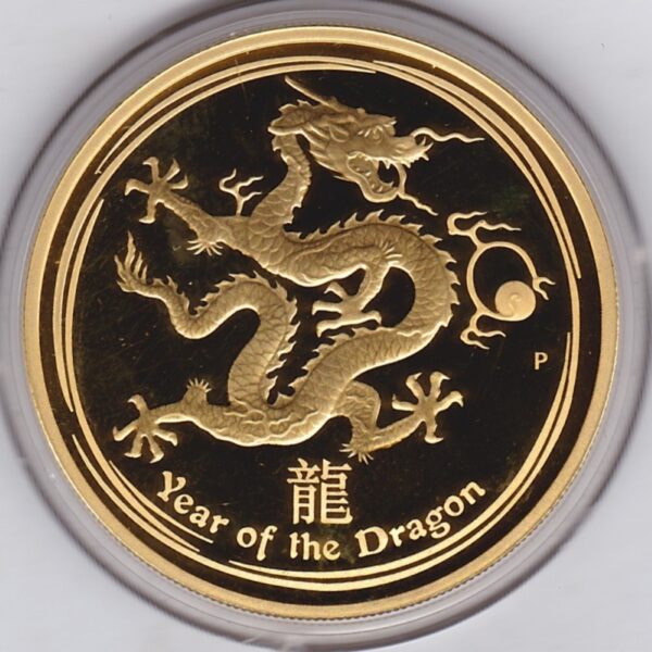 2012 Proof Gold Australia One Ounce coin. This coin was issued to celebrate the year of the dragon. One ounce fine gold coin.