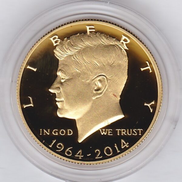 2014 Gold Proof USA Half Dollar. This coin was issued to celebrate the 50th anniversary of John F Kennedy. This coin comes boxed with certificate.