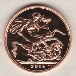 2014 Gold Sovereign Coin. This coin features the fourth portrait of Queen Elizabeth II on the obverse. St George and dragon on the reverse.