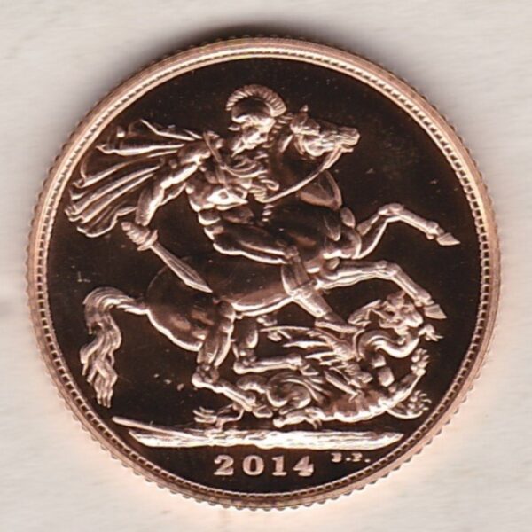 2014 Gold Sovereign Coin. This coin features the fourth portrait of Queen Elizabeth II on the obverse. St George and dragon on the reverse.