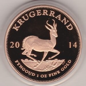 2014 South Africa Gold Proof One Ounce Krugerrand Coin. This proof one ounce gold coin features Paul Kruger on the Obverse. The springbok on the Reverse.