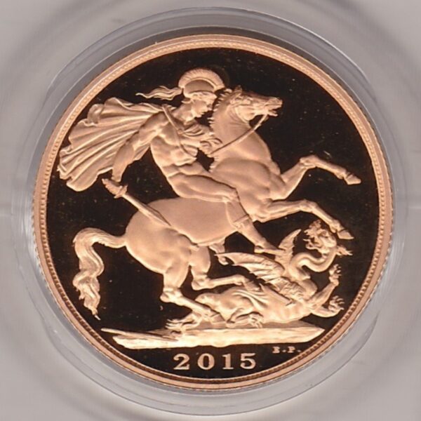 2015 Gold Two Pounds Double Sovereign coin. This coin has Queen Elizabeth II on the obverse. St George and the dragon on the reverse.