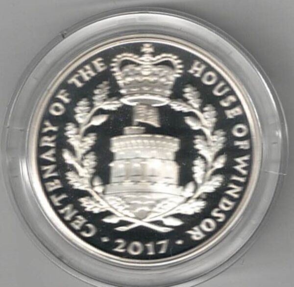 2017 Five Pounds Standard Silver Proof Centenary Of The House Of Windsor. This Standard proof coin comes boxed with certificate as issued by the royal mint.