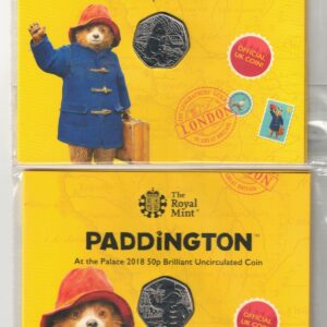 2018 Fifty Pence Coins Paddington At The Station & At The Palace coins featuring Queen Elizabeth II on the Obverse. The reverse features Paddington.