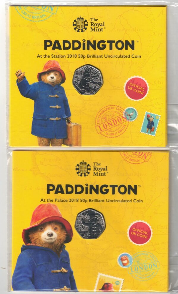 2018 Fifty Pence Coins Paddington At The Station & At The Palace coins featuring Queen Elizabeth II on the Obverse. The reverse features Paddington.