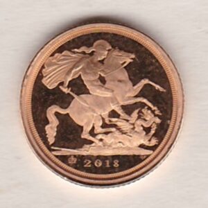 2018 Gold Proof Quarter Sovereign Coin featuring the fourth portrait of Queen Elizabeth II on the obverse. St George and the dragon on the reverse.