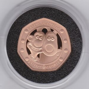 2019 Gold Proof Fifty Pence Wallace And Gromit. This coin was struck to celebrate Wallace And Gromit. The coin comes boxed with certificate.