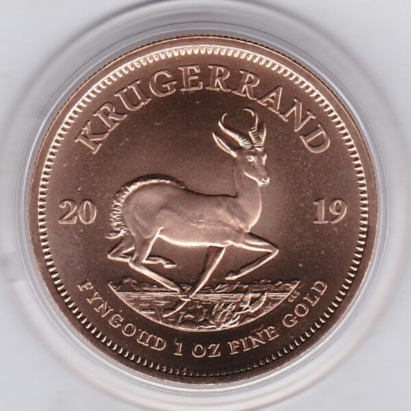 2019 South Africa Gold One Ounce Krugerrand. Investment one ounce gold coin featuring Paul Kruger on the Obverse. The springbok on the Reverse.