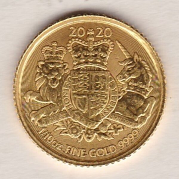 2020 Gold Tenth Ounce Royal Arms coin featuring Queen Elizabeth II on the Obverse. The Royal Coat Of Arms on the Reverse.