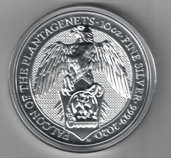 2020 Silver Ten Ounce Coin Falcon Of The Plantagenets. This coin contains ten ounces of .9999 fine silver. All of our silver coins are in stock