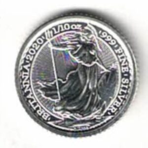 2020 Silver Tenth Ounce Britannia Coin. The coin features Elizabeth II on the obverse. Britannia standing in her chariot on the reverse.