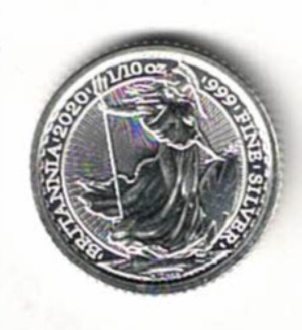 2020 Silver Tenth Ounce Britannia Coin. The coin features Elizabeth II on the obverse. Britannia standing in her chariot on the reverse.